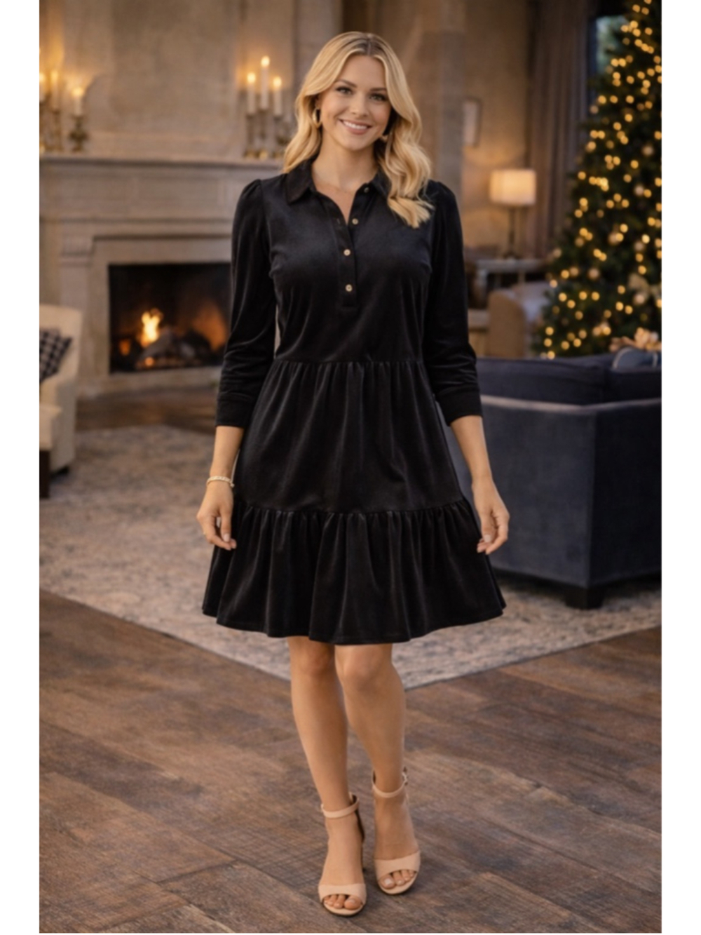 Jude Connally Black Velvet mid length dress size S gold buttons Summer